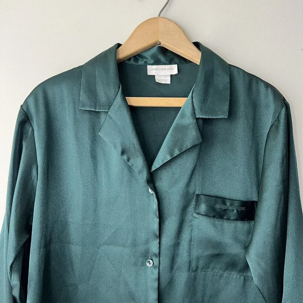 Jones New York Satin Dark Green Over side Button Down Mini Short Dress Sz XS Pjs - Picture 2 of 7
